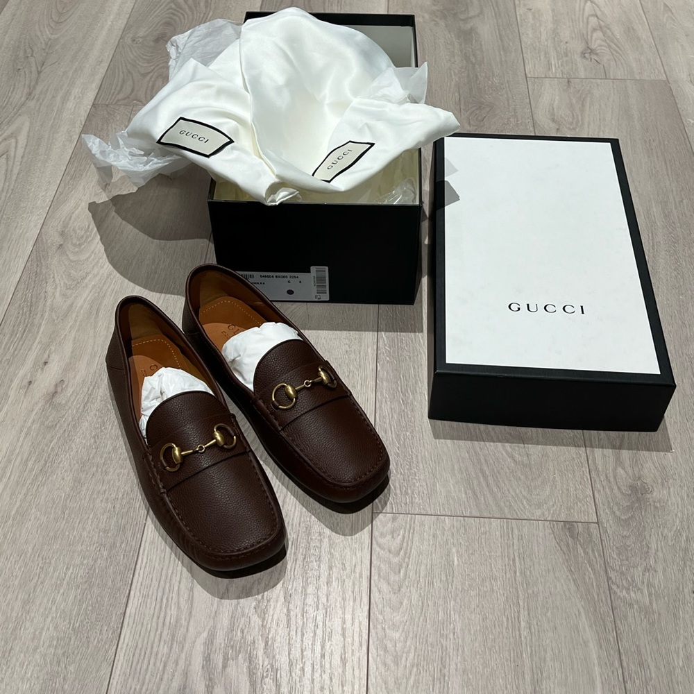Gucci Horsebit Driver Loafers Men IT 8 Brown BRAND NEW